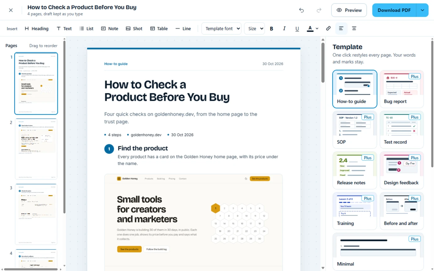 The guide maker with a How-to guide page titled How to Check a Product Before You Buy, its first step and screenshot, the list of pages and the nine templates